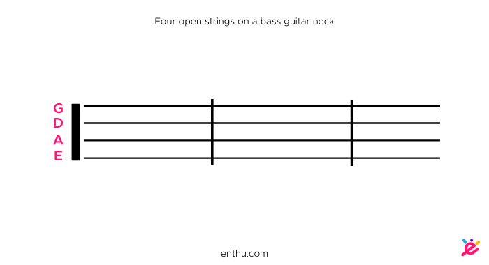 four open strings on a bass guitar neck